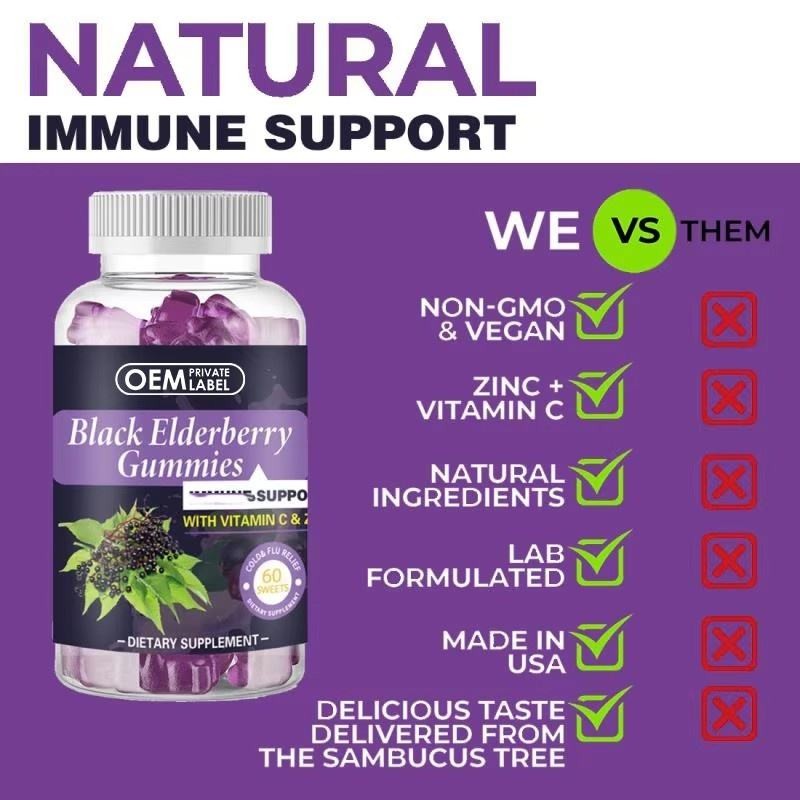 OEM Private Label High Quality Black Elderberry Gummies with Zinc and Vitamin C Natural Sambucus Elderberry Gummies