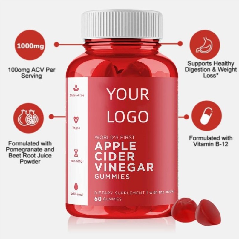 Private Label 1000mg Apple Cider Vinegar Gummies Weight Management Supplement Antioxidant Function Beauty Product for Adults