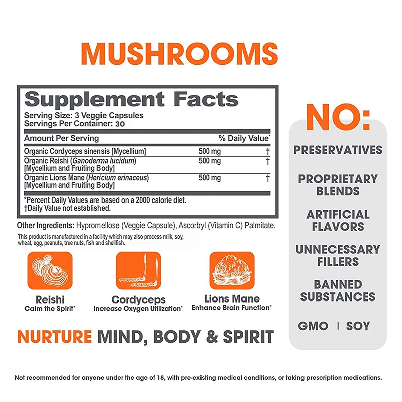 Private Label Organic Reishi and Mane Mushroom Capsules Vegan Immune System Booster Nootropic Brain Supplement