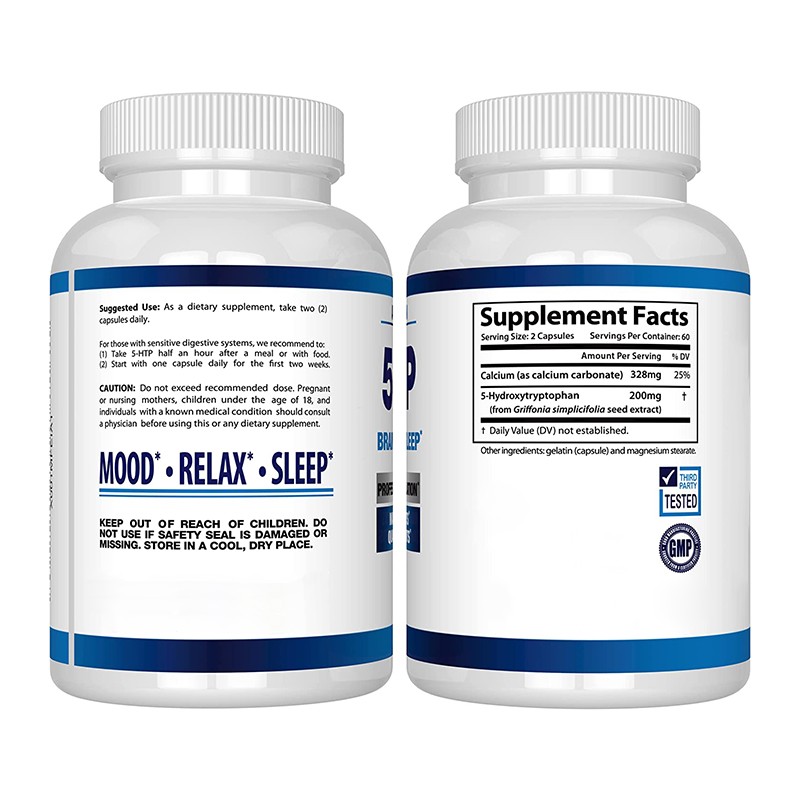 Private Label Vegan Healthcare Supplement Organic 5HTP Capsules with Calcium for Brain Function Mood Sleep Support