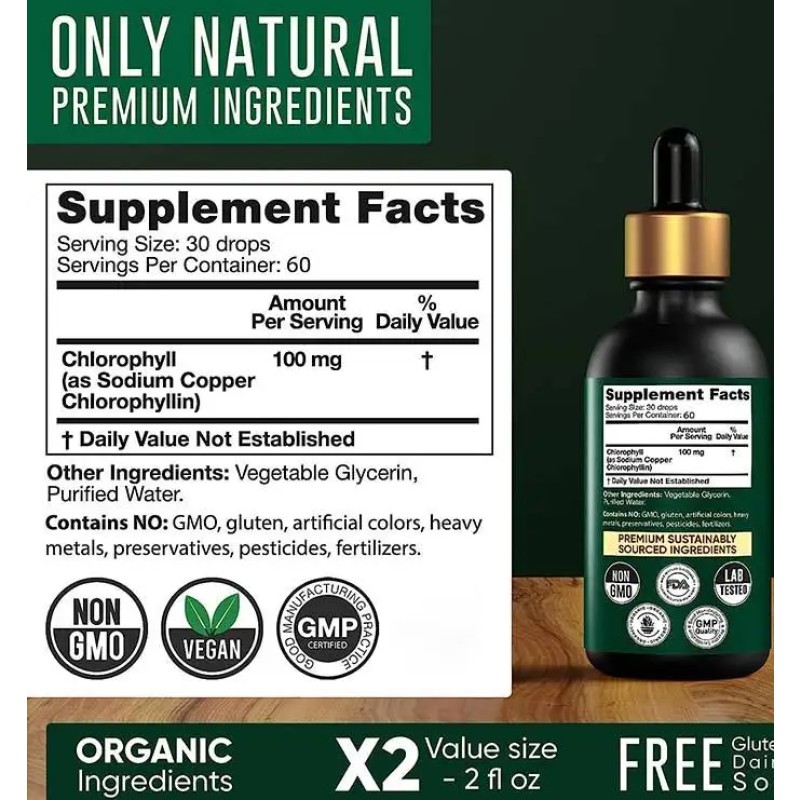 Organic Vegan Chlorophyll Drops Herbal Supplements in Oral Liquid Dosage for Adults but Not for Pregnant Women