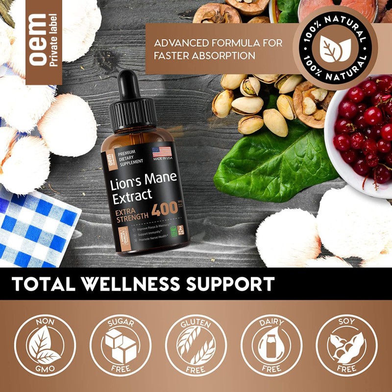 Lion's Mane Mushroom Extract Nootropics Organic Immune System Brain Booster for Adults Oral Liquid Drops Antioxidant OEM
