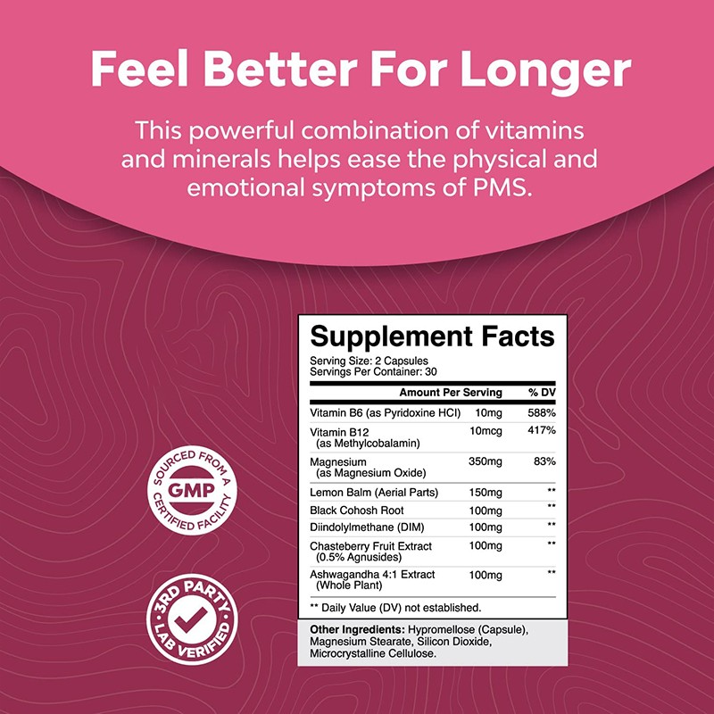 OEM/ODM Vegan Chaste Berries Capsules Vitamin B & Magnesium Supplement for Adult Women Organic PMS Relief and Balance