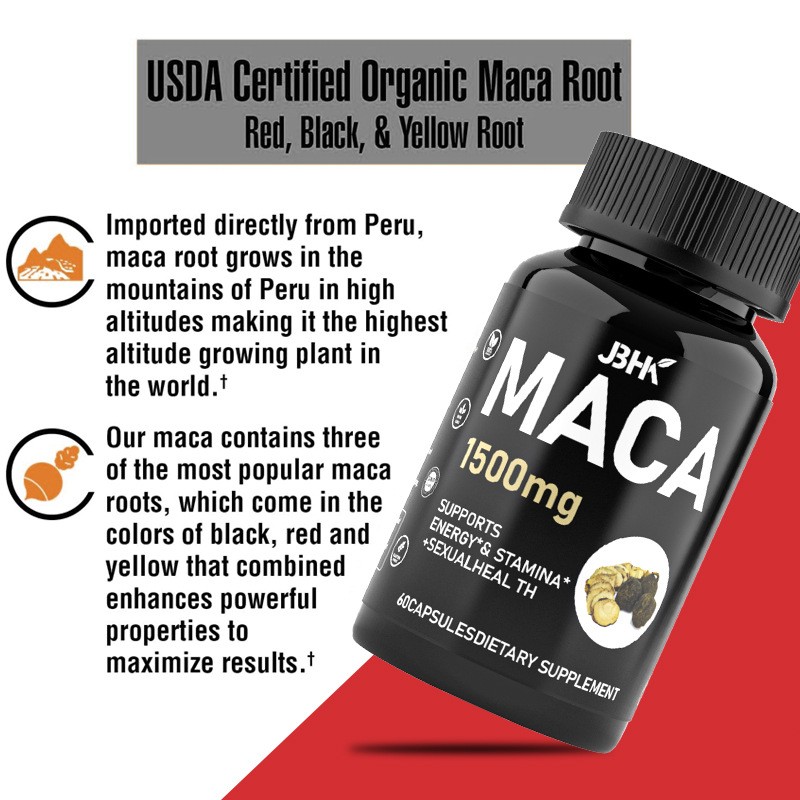 Private Label 1500mg Organic Black Maca Root Capsules Performance Support Supplement for Adults and Teenagers Men and Women