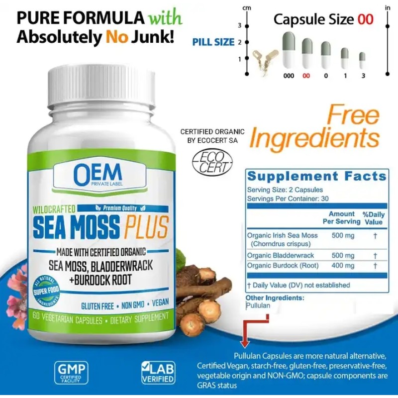 Private Label Organic Irish Moss Powder Capsule Extract Supplement Beauty Sea Moss Bladderwrack Burdock Capsules for Adults