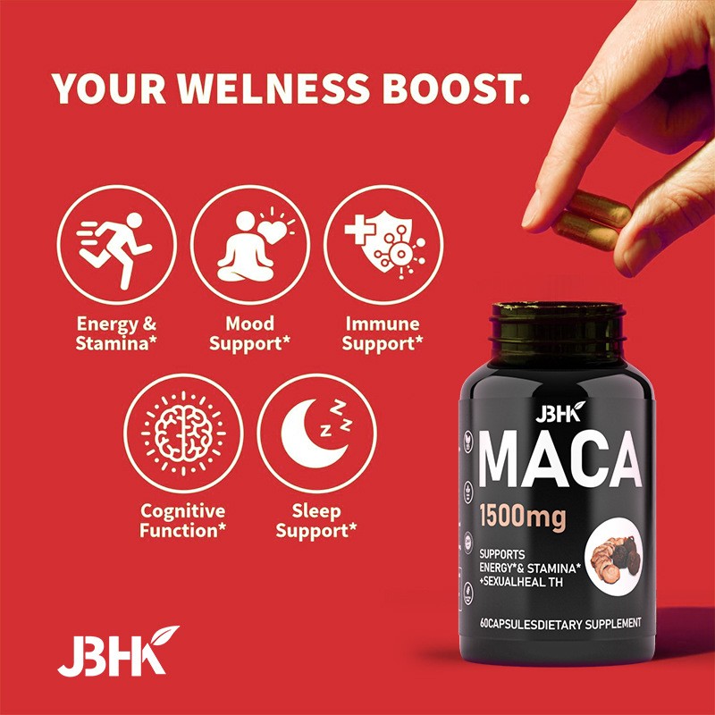 Private Label 1500mg Organic Black Maca Root Capsules Performance Support Supplement for Adults and Teenagers Men and Women