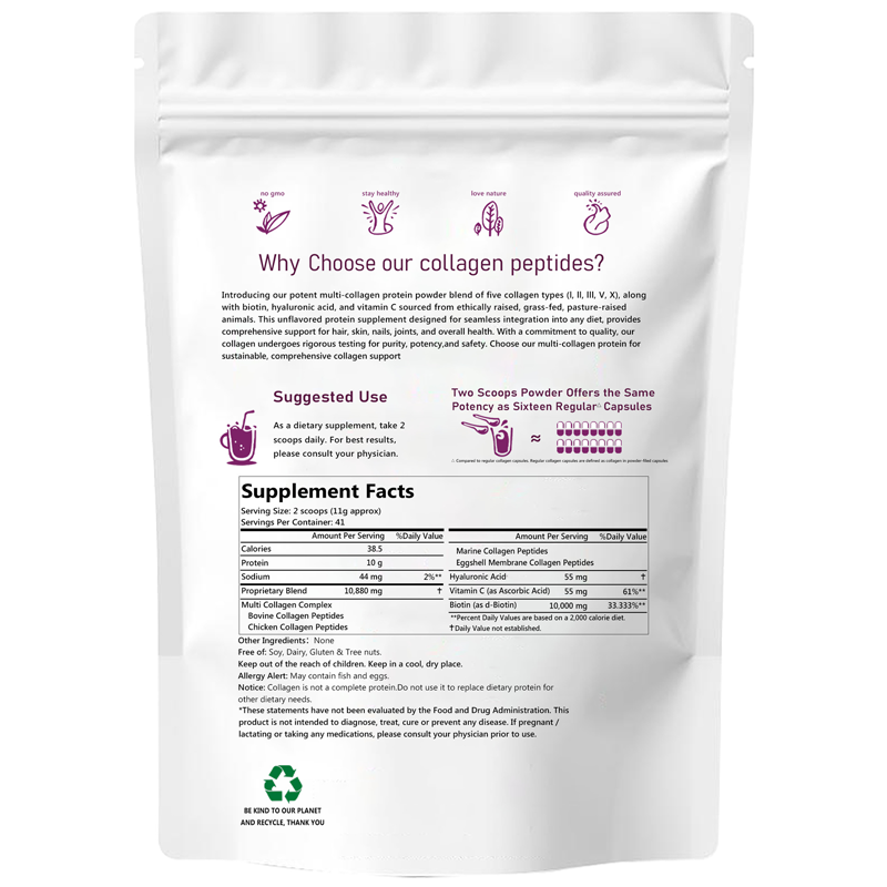 OEM 454G Collagen Protein Powder Easy-to-Dissolve Beauty Supplement with Vitamin C Non-Genetically Modified for Men and Women