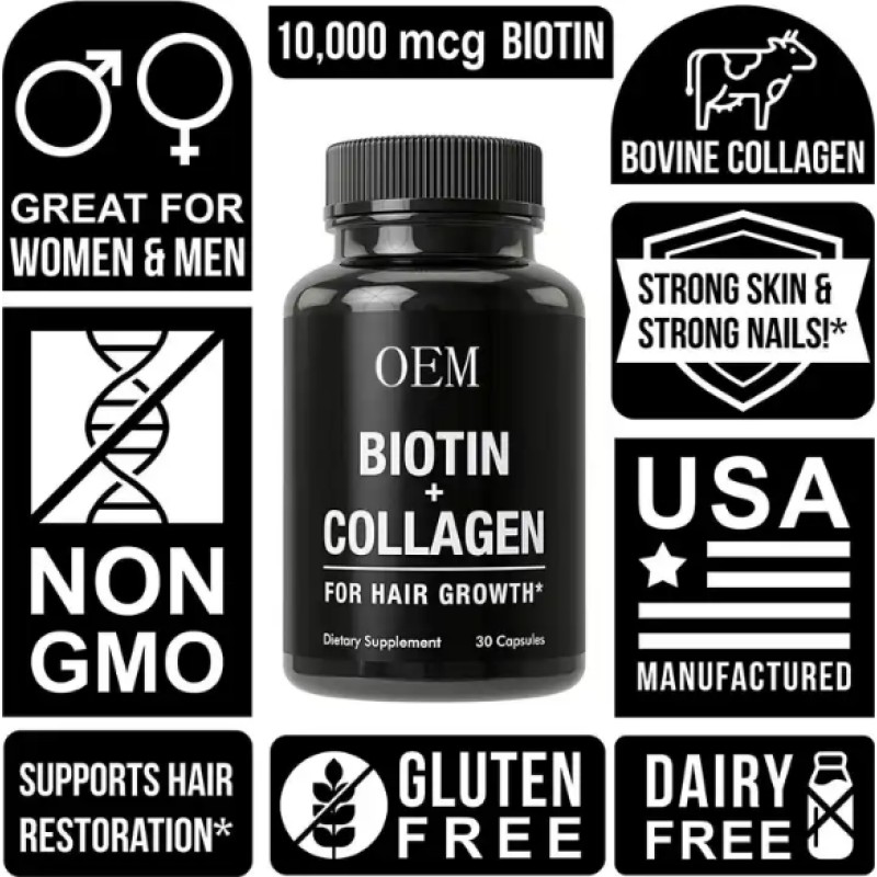 2022 Own-Brand Biotin Capsules for Hair Nail Skin Growth Vitamin Collagen Keratin Supplement Pills for Adults Children 32/60