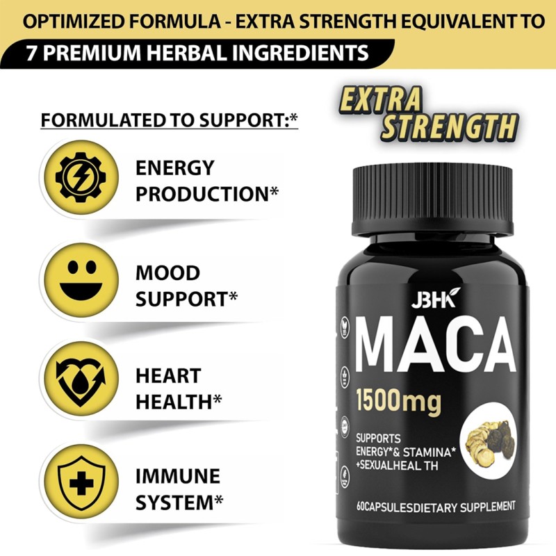 Private Label 1500mg Organic Black Maca Root Capsules Performance Support Supplement for Adults and Teenagers Men and Women