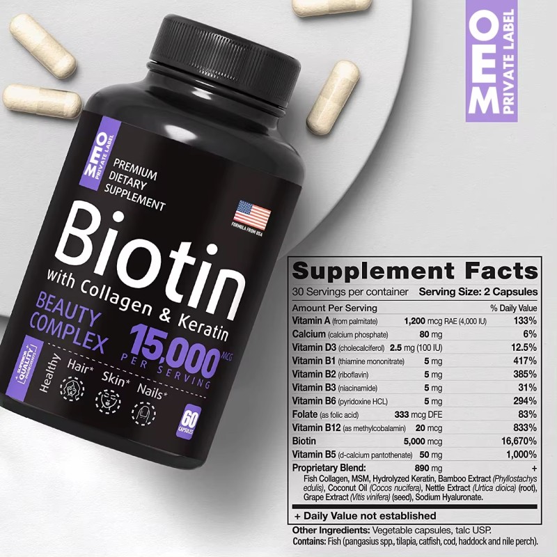 Hot Sale Private Label Biotin Keratin Collagen Vitamins Organic Capsules in Normal Temperature Bottle Packing
