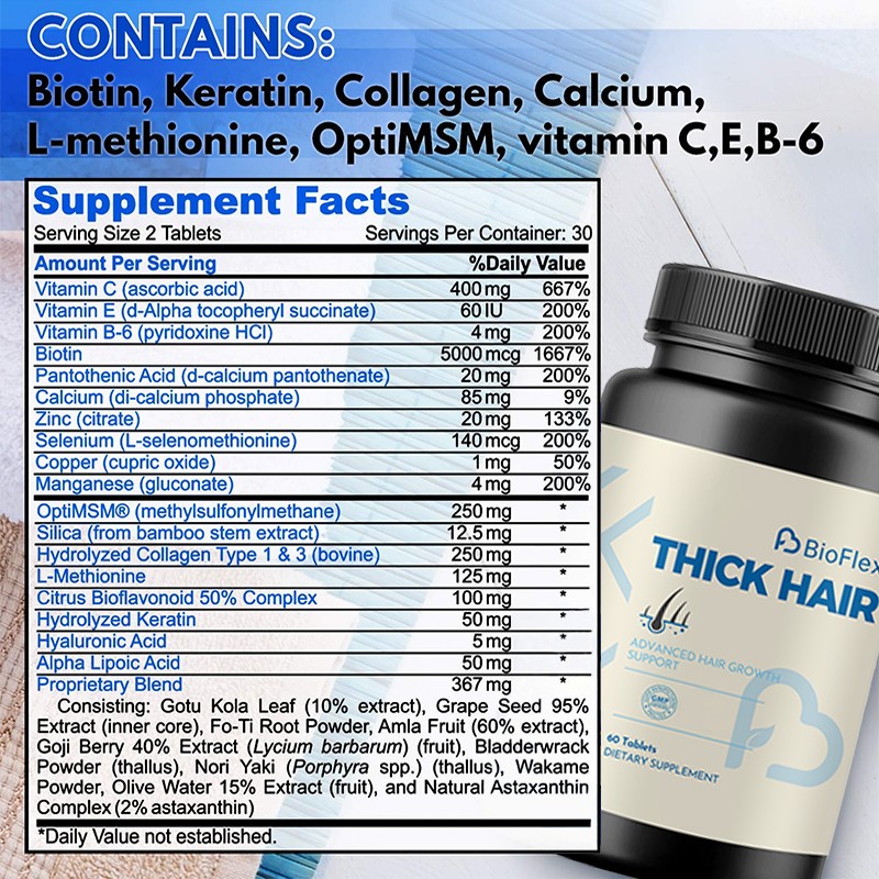 Hair Supplements Manufacturer - BioFlex Custom 60 Tables 5000mcg Biotin Keratin Collagen Vitamin