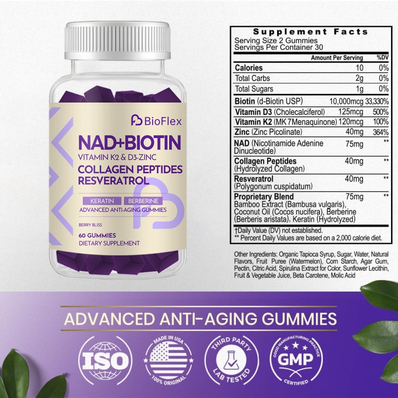 NAD Gummies Manufacturer - BioFlex NAD Gummies with Biotin Collagen Resveratrol Vitamin D3 K2