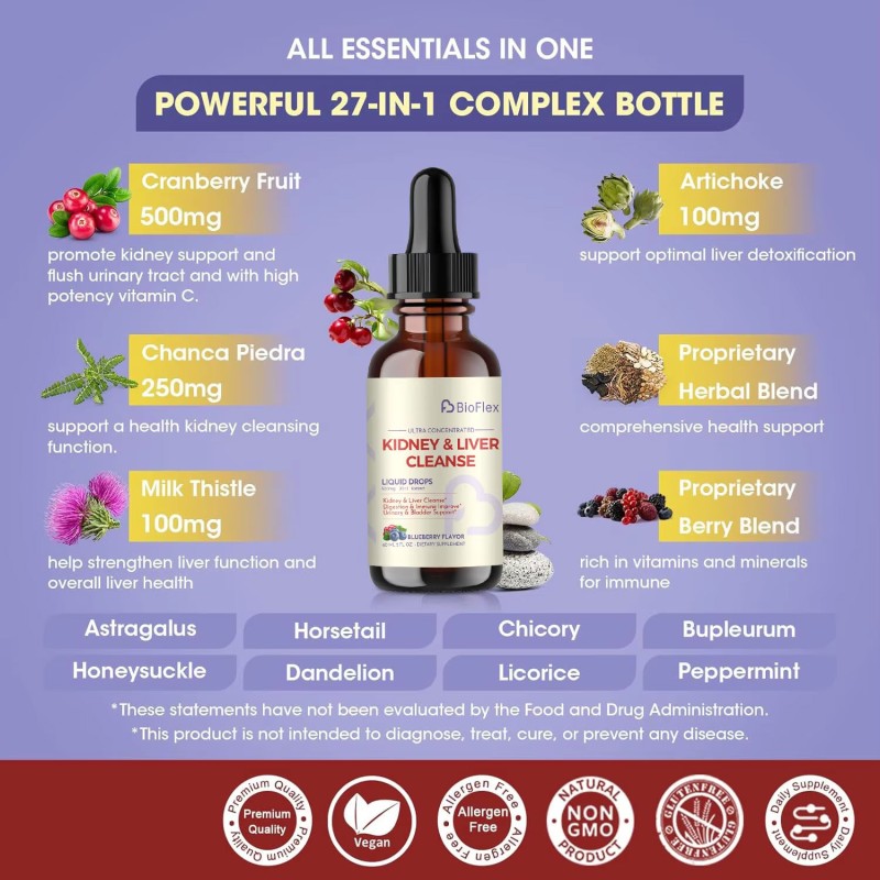 Liver Drops Manufacturer - BioFlex 27 in 1 Herbal Formula Cranberry Chanca Piedra Kidney Liver