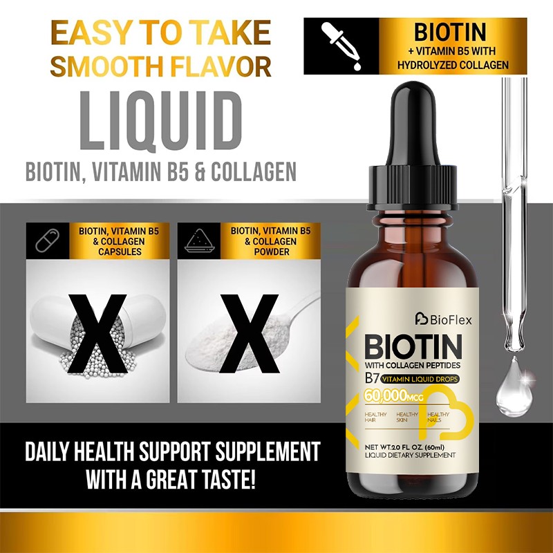 Hair Drops Manufacturer - OEM Logo Biotin Hair Growth Collagen Liquid 60000mcg Glowing Skin