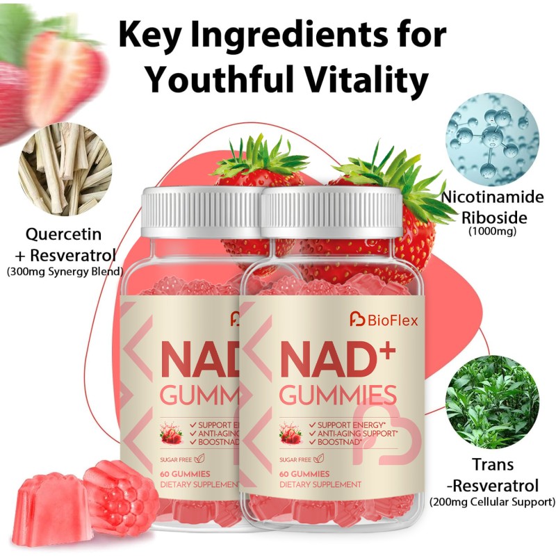 NAD Gummies Manufacturer - BioFlex Custom Logo Strawberry Flavor 1000mg NAD+ Plus Nicotinamide