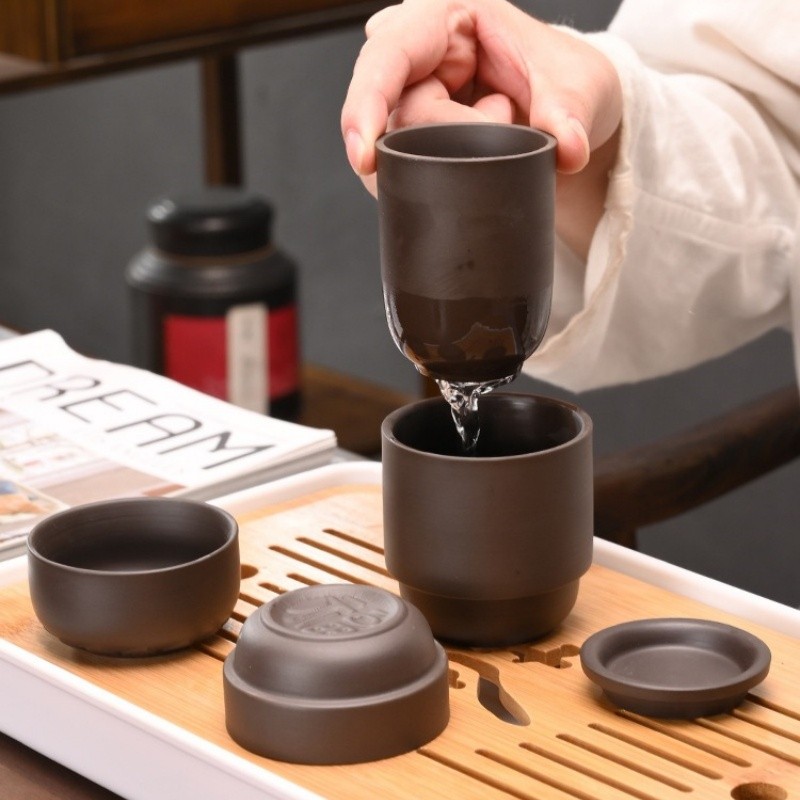 PS01 Purple Clay Kung Fu Travel Terracotta Pottery Tea Set One Pot Four Cups Teapot Tea Cup Set