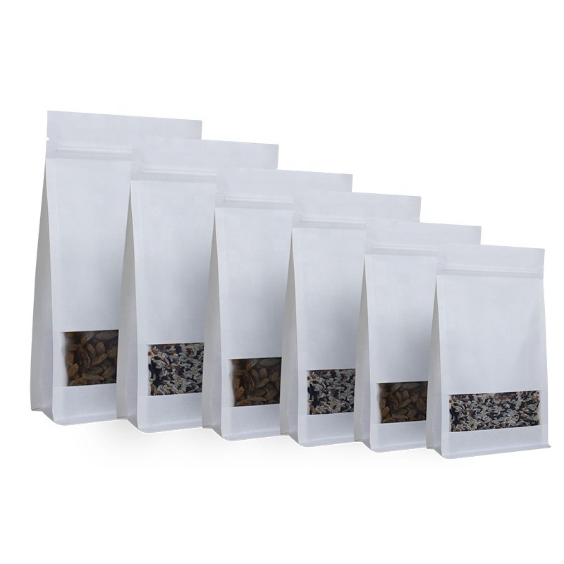 WK03 Wholesale Custom Print logo White Kraft Paper Bag Eight-eadges Food Paper Zipper Bag Stand up With Window