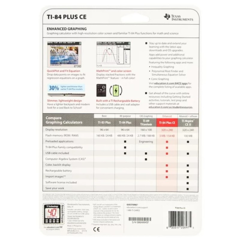 Calculator Manufacturer - Bulk Seller Texas Instruments TI-84 Plus CE Colors Graphing Warranty