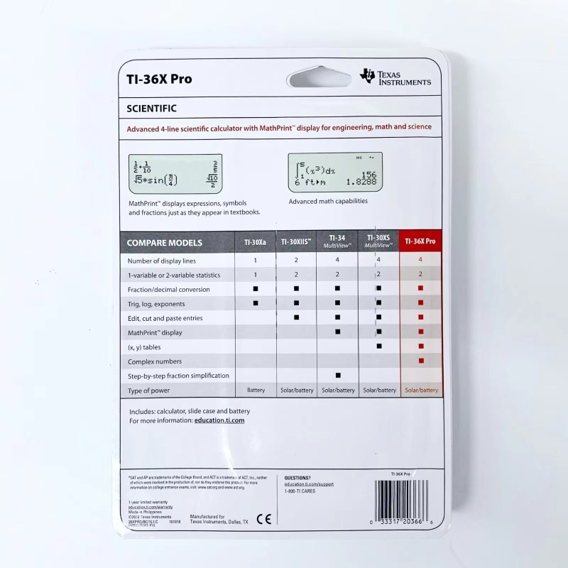Calculator Manufacturer - Authentic Texas Instruments TI-36X Pro Black 7.5 Inch 1 Year Warranty