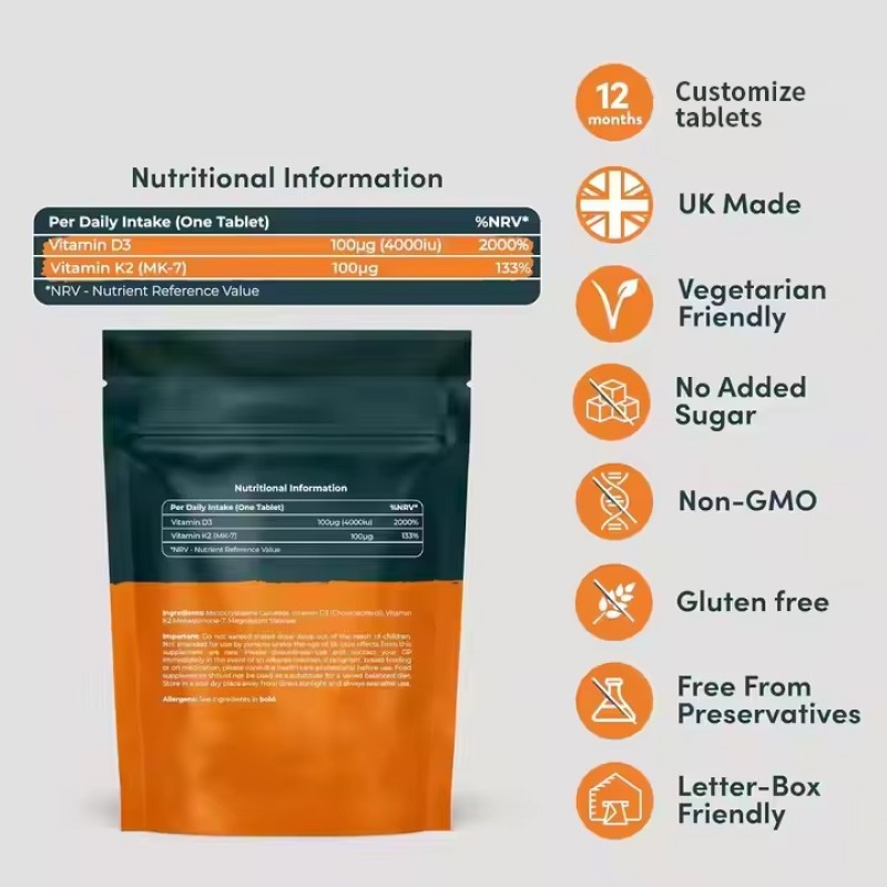 Vitamin D3 K2 Tablets Factory - Vegan 4000 IU Easy Swallow