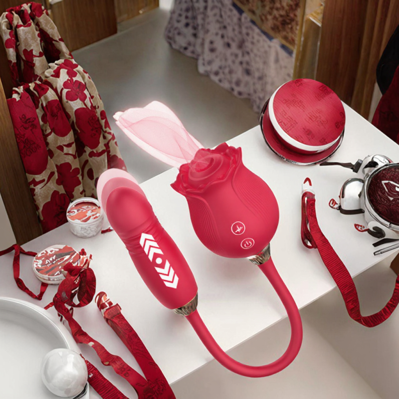 Hot Selling 2-in-1 Rose Sex Toy Silicone Oral Suction Vibrator Rose Clitoral Licking & 10-Speed Thrusting for Women and Couples