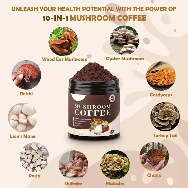 OEM Organic 10+ Mushroom Blend Immunity Coffee Powder Lion's Mane Arabica Bean Brain Focus Memory Beauty Safe for Pregnant Women
