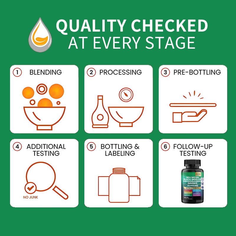 OEM Lrish Sea Moss Capsules Black Seed Oil Ashwagandha Turmeric Bladderwrack Burdock Extract Support Immune Seamoss Capsules