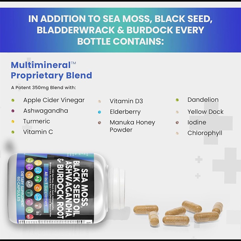 Nutritional Supplement for Adults 3000mg Sea Moss 1000mg Black Seed Oil Capsules Supports Health Ashwagandha Turmeric