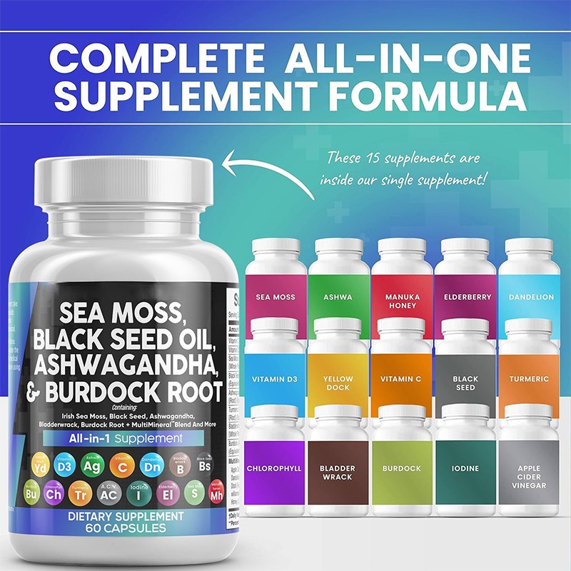 Nutritional Supplement for Adults 3000mg Sea Moss 1000mg Black Seed Oil Capsules Supports Health Ashwagandha Turmeric