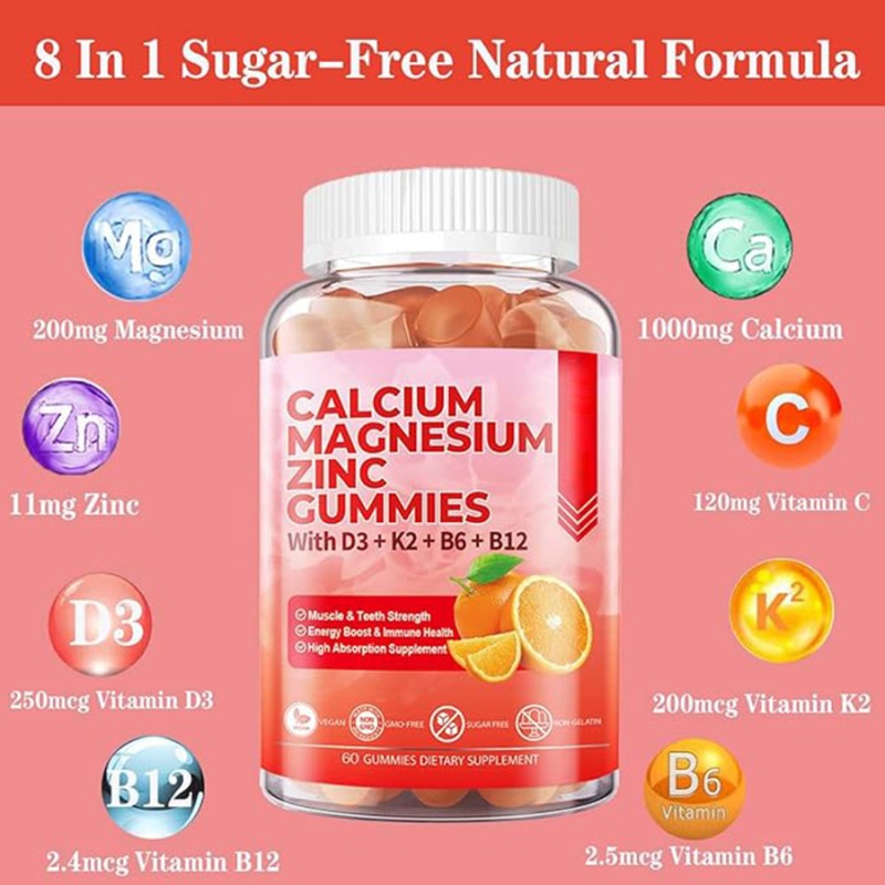 Sugar Free Supplement Gummies Good Quality With Zinc,Calcium and Magnesium Herbal Supplements Vitamin D3 & B12 for Women and Men