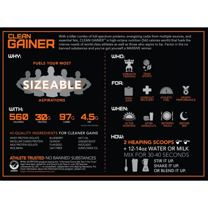 560 Quality Calories From Premium Proteins  Fast-fueling Carbohydrates, and Energy-packed Lipids  Clean Gainer - Chocolate