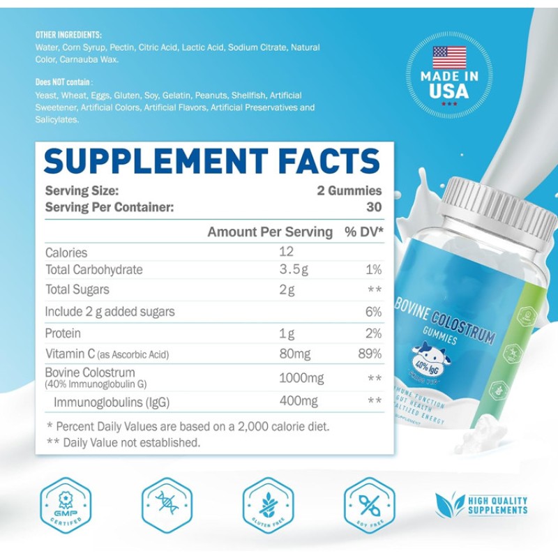 Wholesale First Milk Gummies Bovine Colostrum Gummies Supplement 1000mg Powder 40% IgG Immunoglobulins for Skin Nails Joints