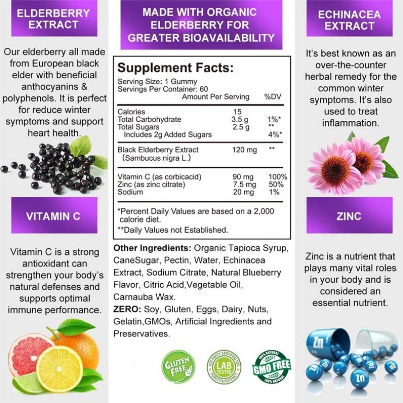 Private Label Immune Support Antioxidants Organic Sambucus Elderberry Supplement Daily Gummies