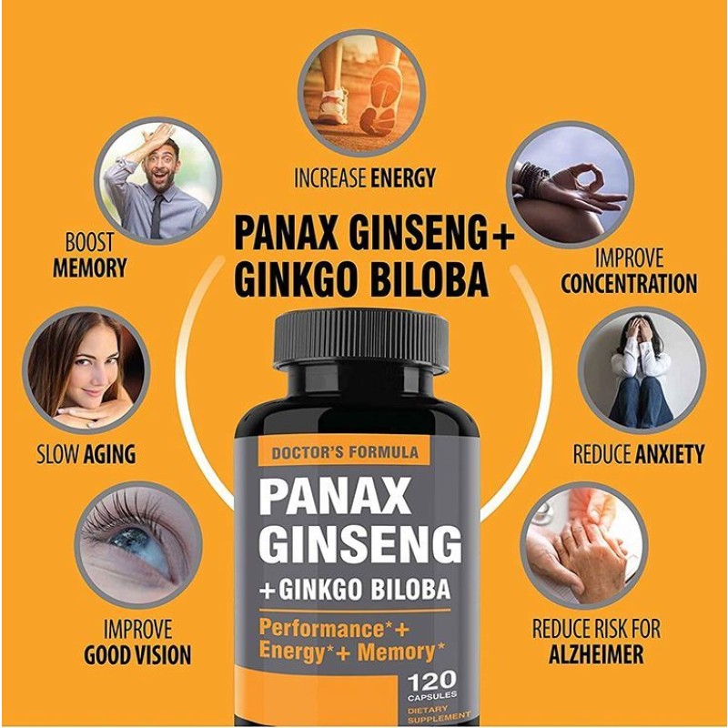 Amazon Hot Selling in Stock Korean Red Panax Ginseng + Ginkgo Biloba Ginseng Root Extract Powder Ginseng Herbal Capsules