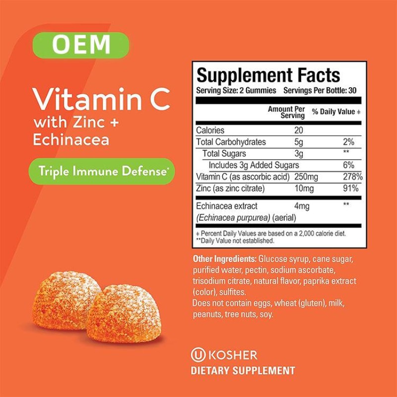 Vitamin C Gummies Factory - OEM Custom Orange Flavor Zinc Echinacea Immunity