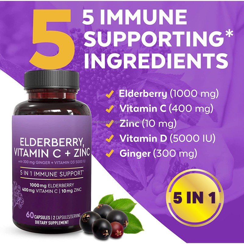OEM Black Elderberry Extract Capsules with Vitamin C Zinc Herbal Supplement Food Pills to Support Healthcare