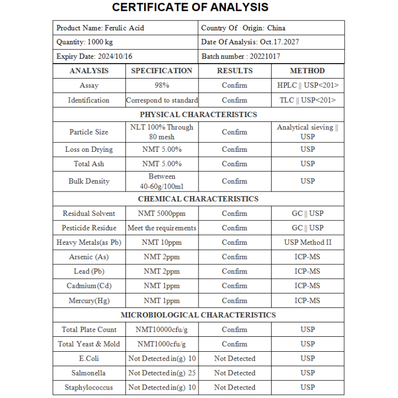 Ferulic Acid Powder Factory - Cosmetic Grade 98% High Quality Natural