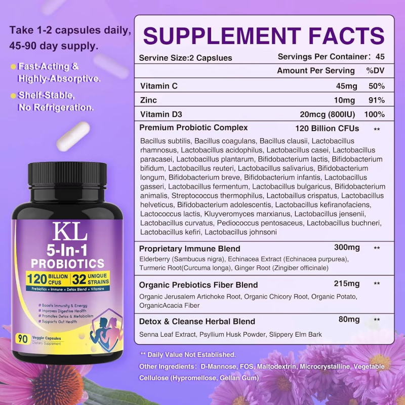 Probiotics Capsules Factory - High Quality Adults 5-In-1 Gut Digestive 120B CFU