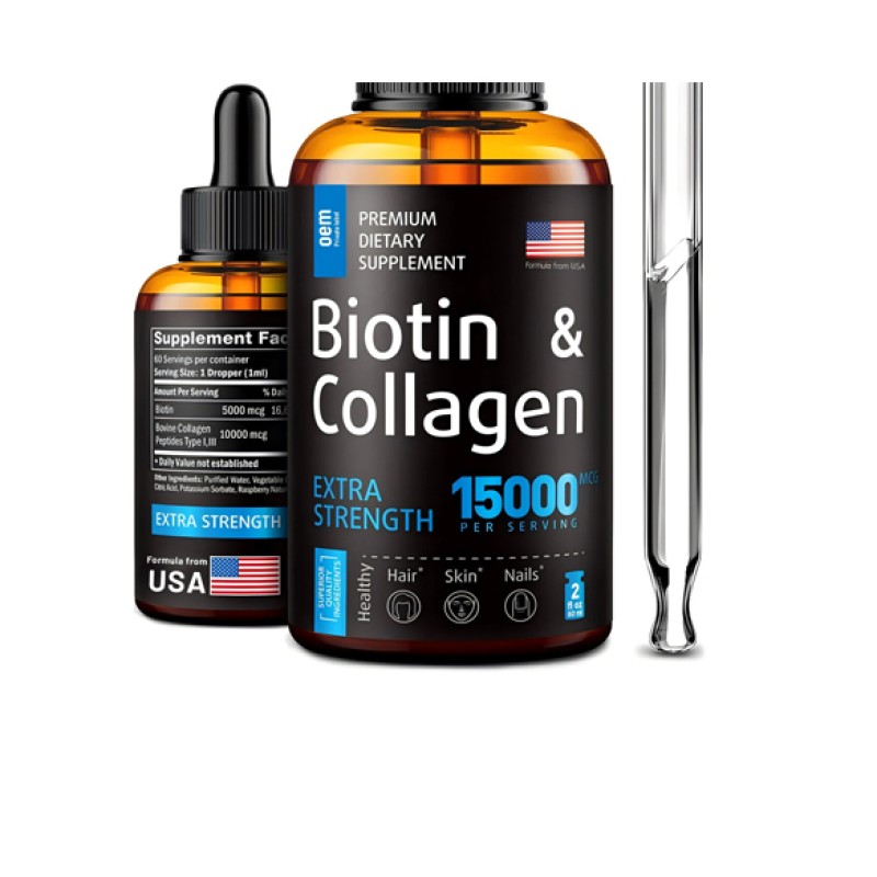 Collagen Biotin Drops Factory - OEM Supplement 5000 mcg Hair Nail Skin