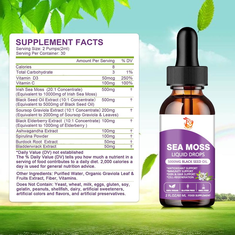 Sea Moss Liquid Drops Factory - Black Seed Oil Soursop Elderberry Antioxidant Skin