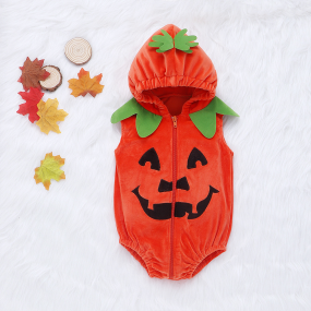 Halloween Baby Clothing Factory - Pumpkin Sleeveless Hoodie Bodysuit