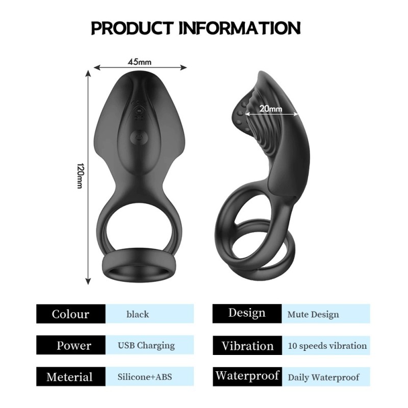 Men's Black Delayed Locking Resonance Ring Sex Toy with Remote Control Couples' Semen Vibrator Adult Anal Sex Toy