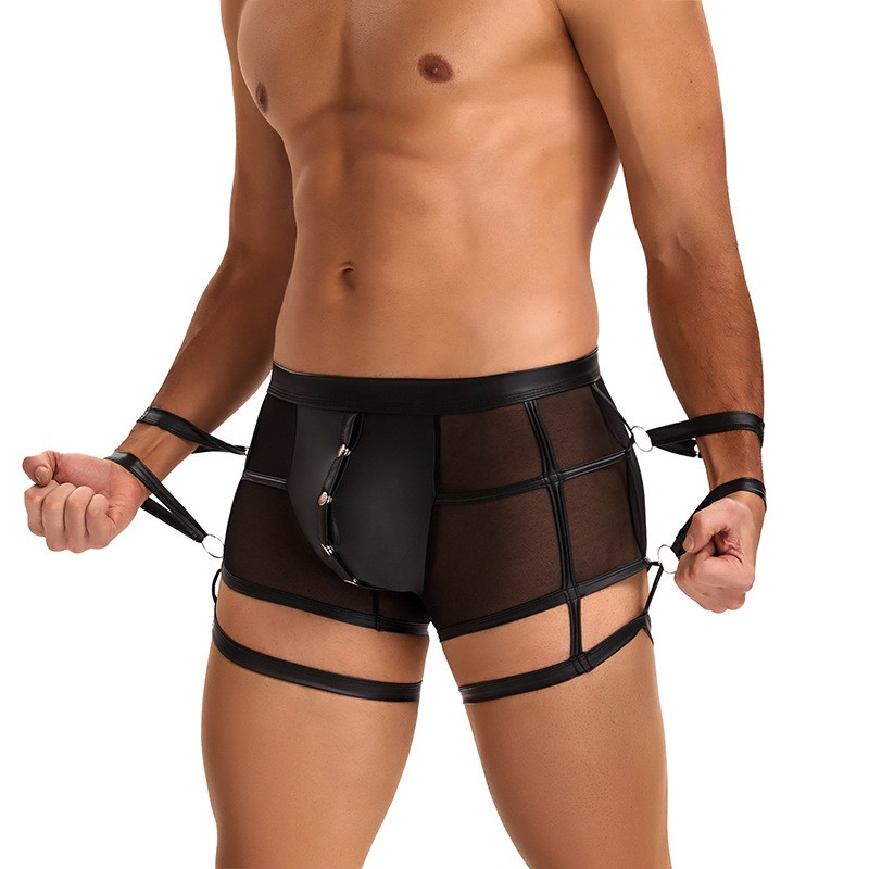 Men's SM Sexy Concealed-button Underwear, European and American Cross-border Trade, Black PU Leather, Trendy Men's Boxer Briefs