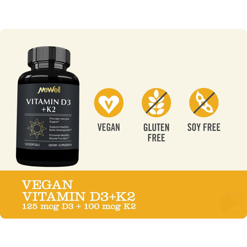Vitamin D3 5000 IU with K2 100 Mcg 120 Soft-Gels Support Immune Heart Joint Teeth  Bone Health - Easy to Swallow