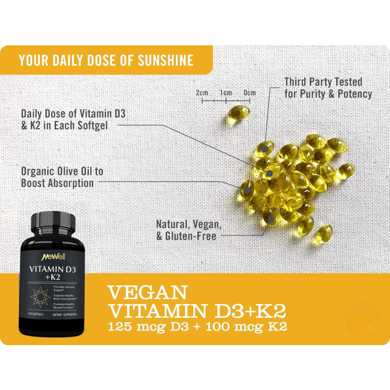 OEM Private Label Vegan Softgels Vitamin D3+K2 and Vitamin D3+K2 Soft Capsules for Adults & Pregnant Women