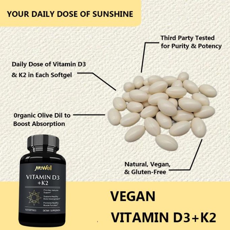 OEM High Calcium Vitamin D3 Softgel 5000IU Contains K2 Supplemental Calcium Vitamin 120 Softgels/Bottle