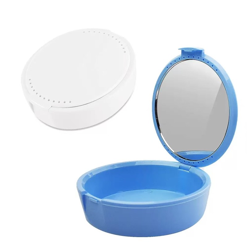 Denture Case Factory - Round Plastic Orthodontic Retainer Container with Mirror