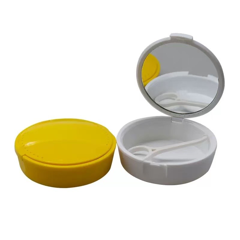 Denture Case Factory - Round Plastic Orthodontic Retainer Container with Mirror