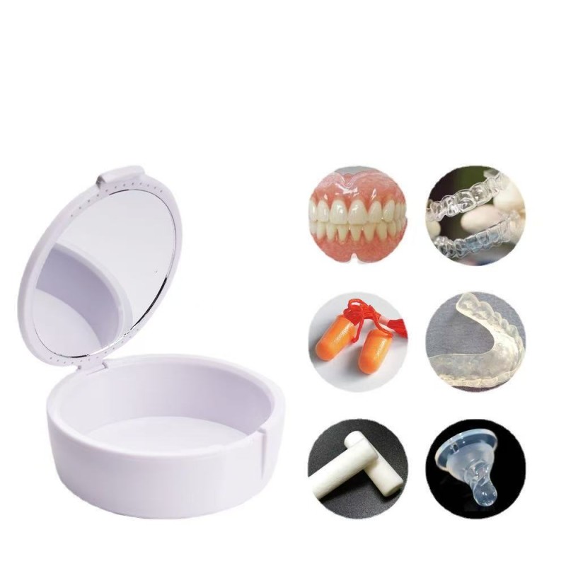 Denture Case Factory - Round Plastic Orthodontic Retainer Container with Mirror